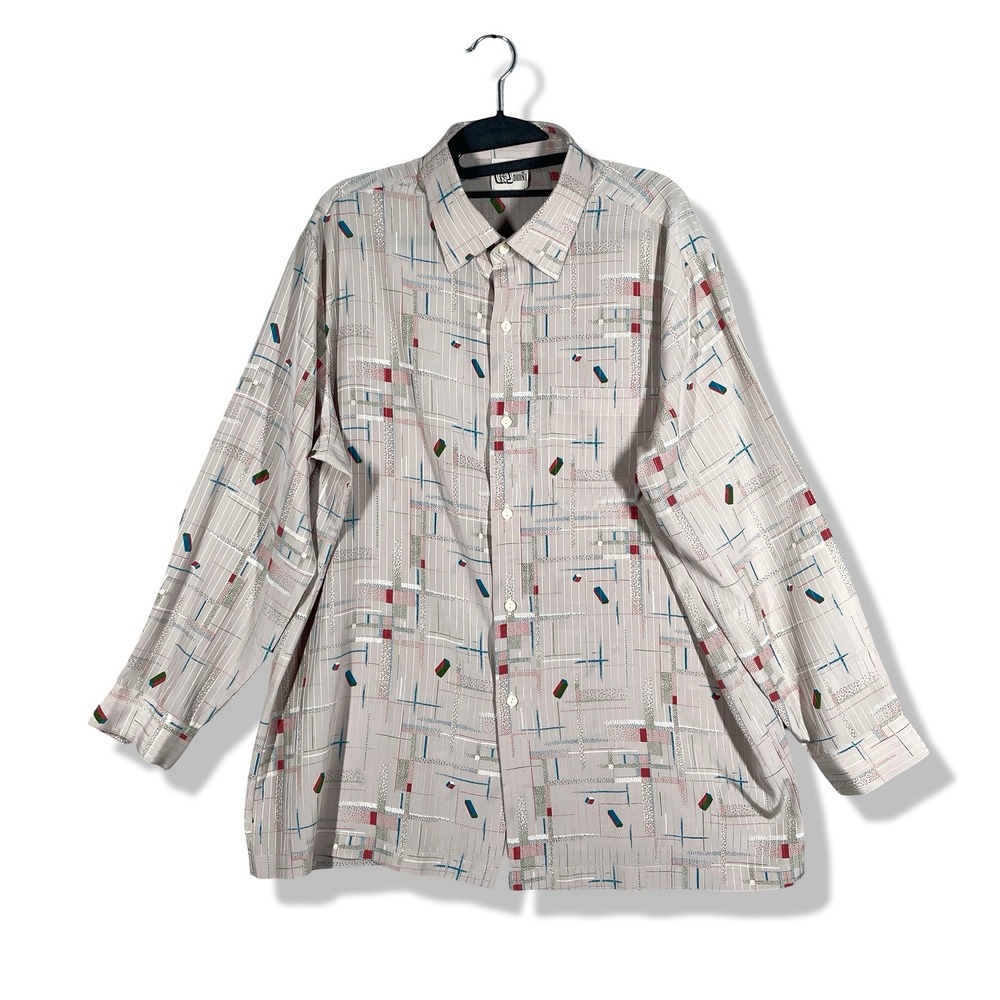 Dioni Abstract Geometric Button Up Shirt Men XL Beige Vintage‎ 80s Art Deco